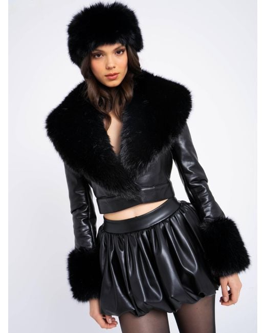 Miss Circle New York Black Ziah Cropped Leather Jacket With Fur Collar