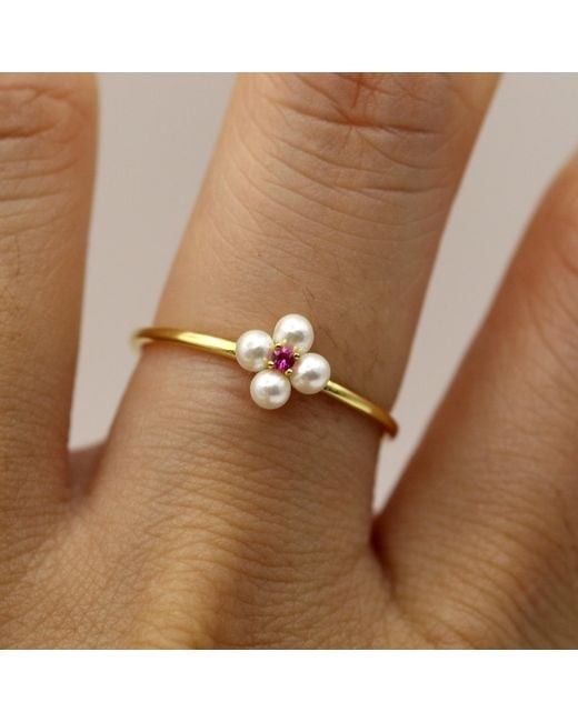 VicStoneNYC Fine Jewelry Metallic Flower Pearl With Ruby Gemstone Ring