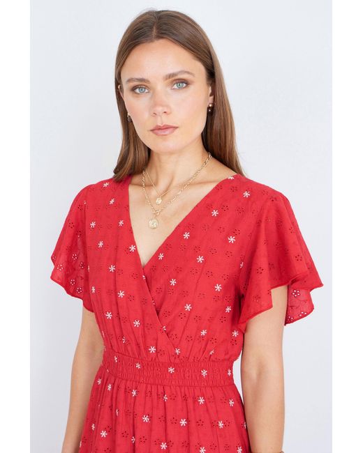 Yumi' Red Broderie Anglaise Wrap Midi Dress With Flower Embroidery