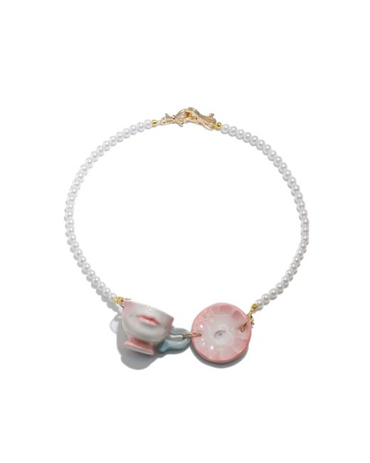H2 Studio Metallic The Cup Theater Mini Porcelain Cup & Plate Crystal Pearl Necklace