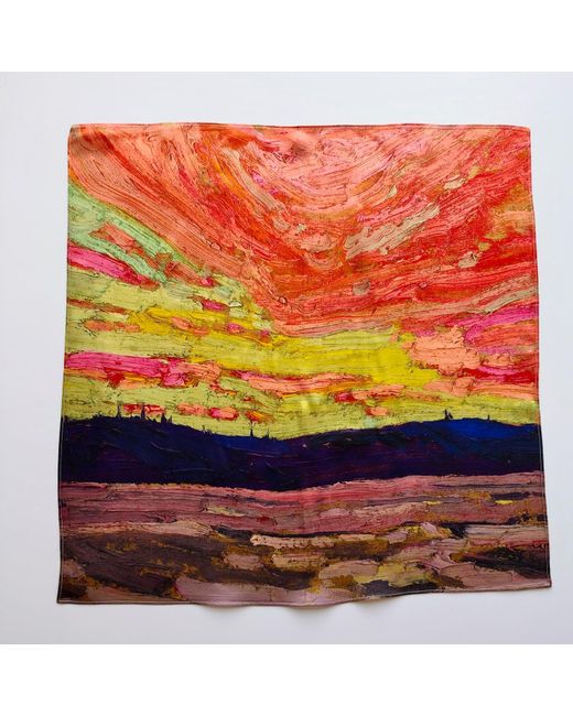 Soft Strokes Silk Metallic Pure Silk Scarf Oil Painting Sunset By Tom Thomson Small