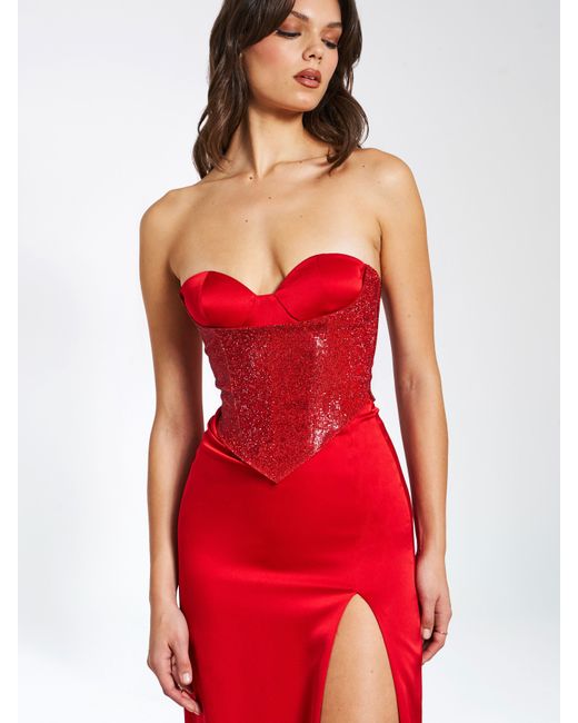 Miss Circle New York Red Kadesha Crystal High Slit Satin Corset Gown