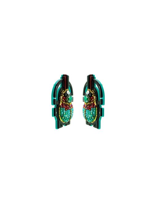 Gissa Bicalho Green Handmade Acrylic Earring Scarab Embroidered