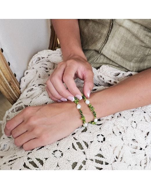 Farra Green Bamboo Coral With Freshwater Pearls Double Layers Bracelet