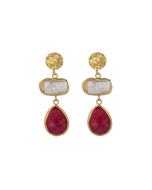 Ebru Jewelry Metallic Vintage Style Pearl & Ruby Gemstone Gold Earrings