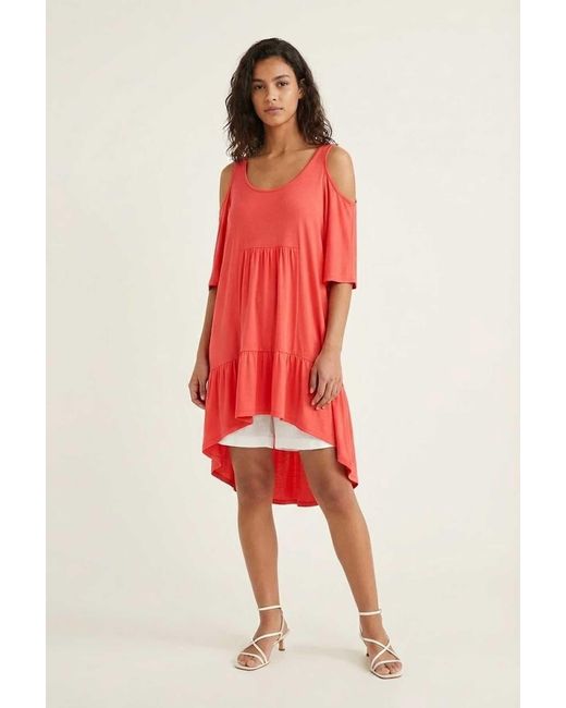 Conquista Red Flowing Cold-Shoulder Tunic With High-Low Hem