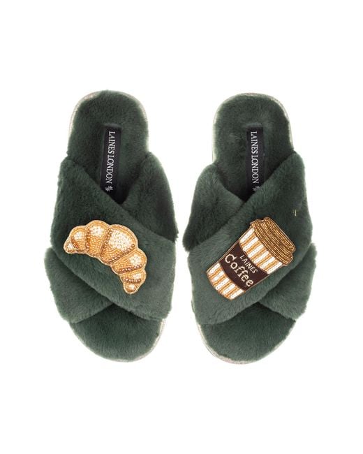 Laines London Green Classic Laines Slippers With Coffee Cup & Croissant Brooches