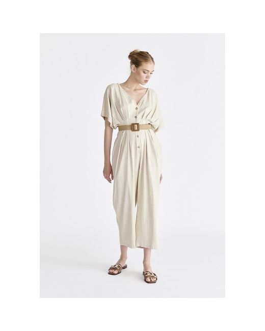 Paisie Natural Neutrals Linen Blend Button Jumpsuit