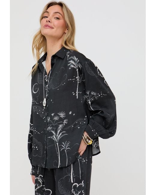 Raffya Black Palm Button Down Palm Print Shirt