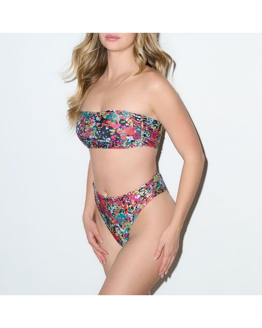 Playaluxe Red Capri Ruched Bandeau Bikini Set Confetti Floral