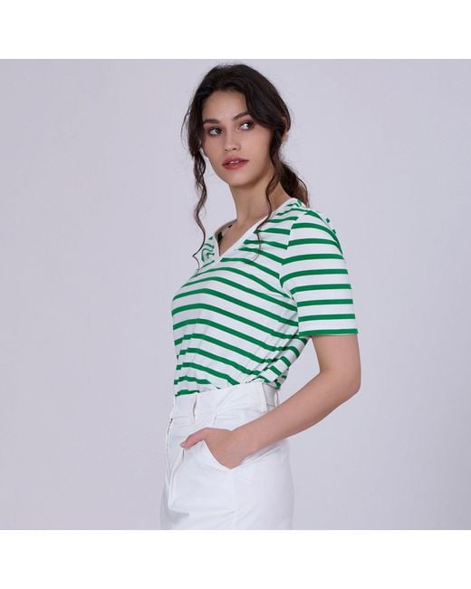 Smart and Joy Green V Neck Stripes Cotton T-Shirt