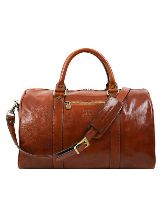 Time Resistance Brown Small Leather Overnight Bag, Duffel Bag