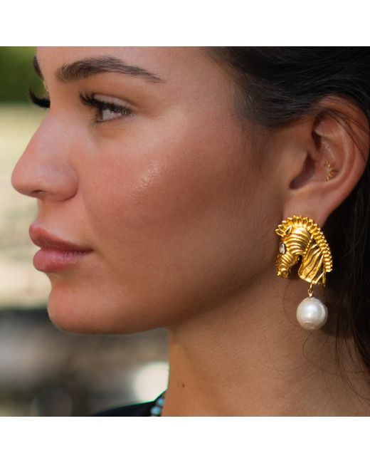 Ebru Jewelry Metallic Majestic Horse & Baroque Pearl Statement Earrings