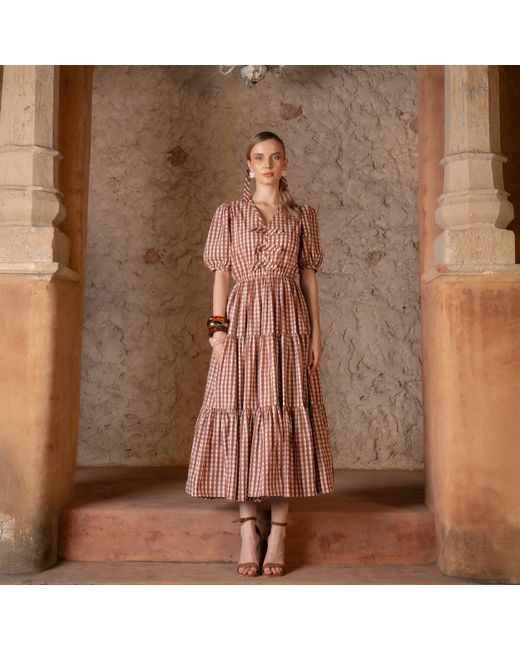 Echo of Pink Red Charlotte Gingham Hand Block Print Cotton Midi Dress