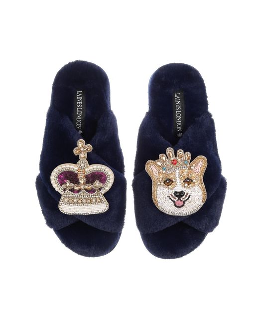 Laines London Blue Classic Laines Slippers With Artisan Sandy The Corgi & Royal Crown Brooches