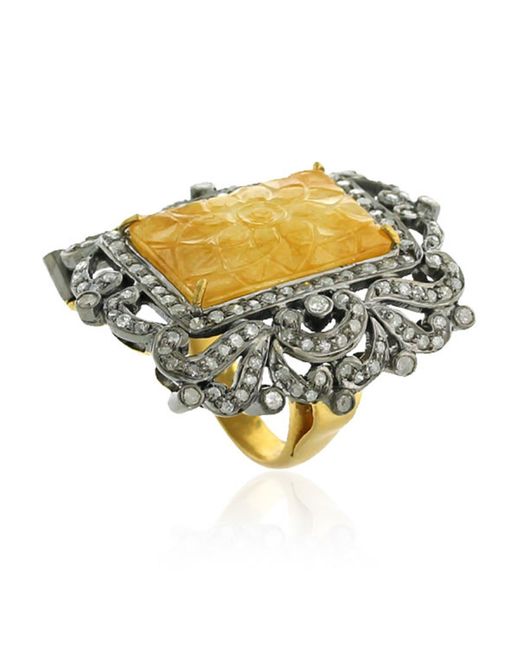Artisan Multicolor 18k Gold Silver With Carved Yellow Sapphire & Surrounded Pave Diamond Cocktail Ring
