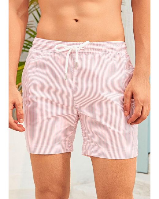 Vayla Pink Long Length Coral Stripe Swim Shorts for men