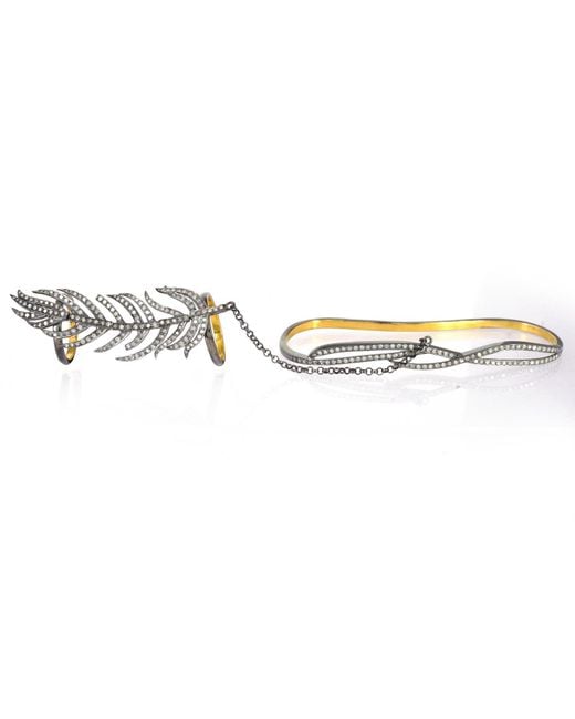 Artisan Metallic Hollow Leaves Pave Diamond In 18k Gold & 925 Silver Palm Bracelet With Ring