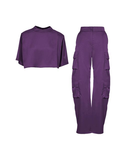 BLUZAT Deep Purple Matching Set With T-shirt And Cargo Trousers