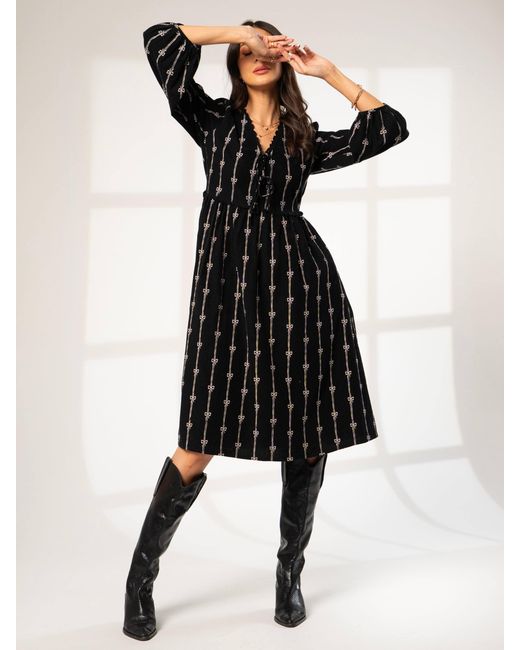 Rose & Nancy Black Beatrix Cord Embroidered Midi Dress