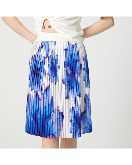 Lalipop Design Blue Floral-Print Elasticated-Waist Pleated Recycled Fabric Midi Skirt