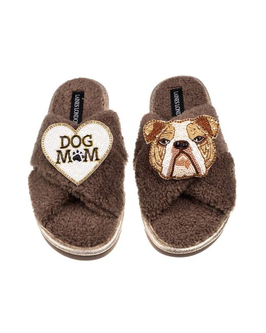 Laines London Brown Neutrals Laines Neutral Boucle Slippers With Mr Beefy Bulldog & Dog Mum Mom Brooches