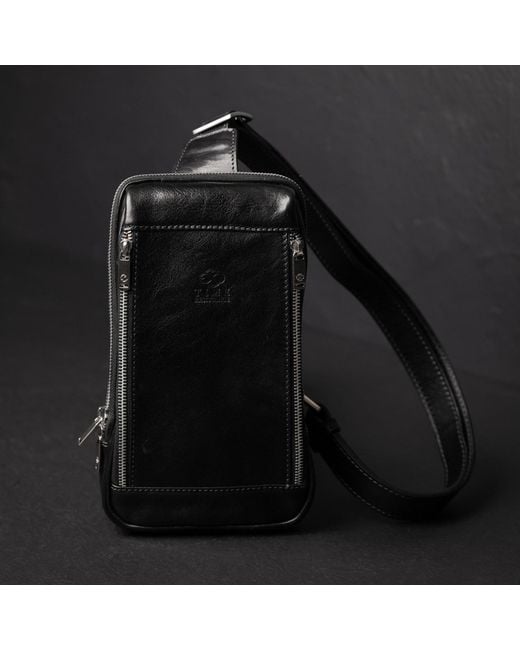 Time Resistance Black Leather Sling Bag Chest Bag for men