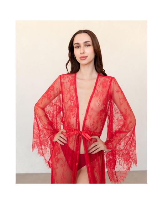KÂfemme Red Sexy Lingerie Peignoir Lace Kimono Robe