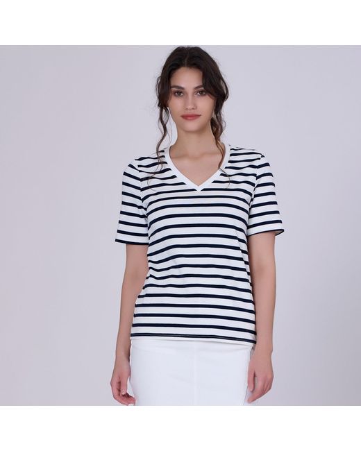 Smart and Joy Blue V Neck Stripes Cotton T-Shirt