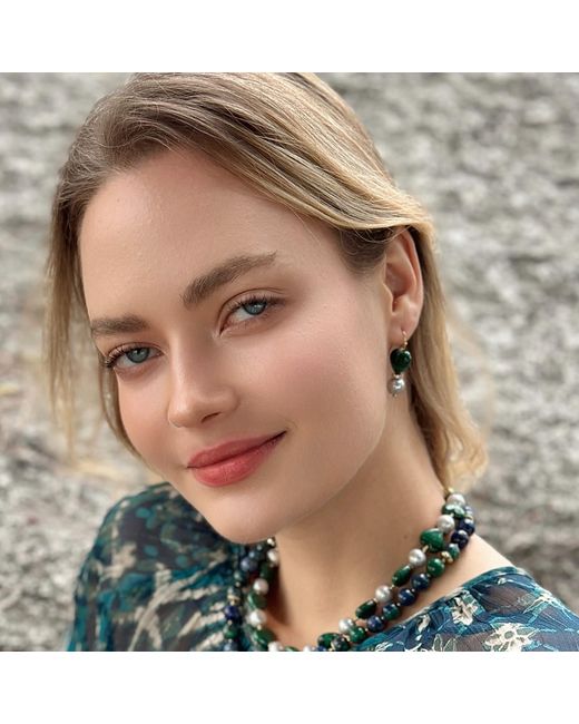 Farra Green Heart Malachite With Freshwater Pearls Dangle Earrings