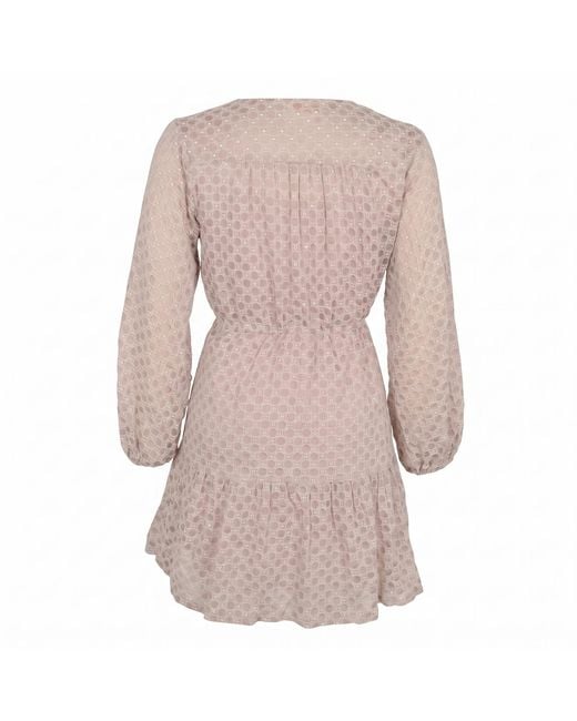Modenaire Pink Polka Dot Embroidered Lace Dress With V-Neck And Tie Waist