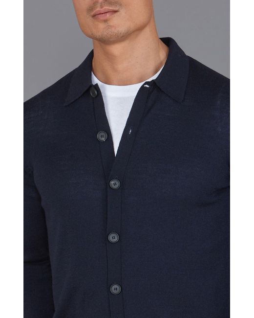 Paul James Knitwear Blue Extra Fine Merino Wool Cassius Polo Cardigan for men
