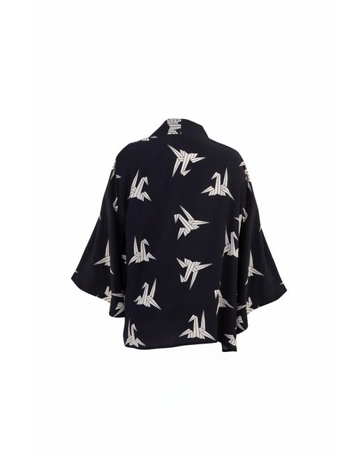 Artemis Muse Blue Neutrals Japanese Origami Bird Print & Ivory Short Light Weight Kimono