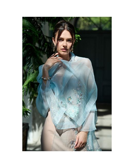 Saachi Blue Floral Embroidered Silk Aqua Scarf