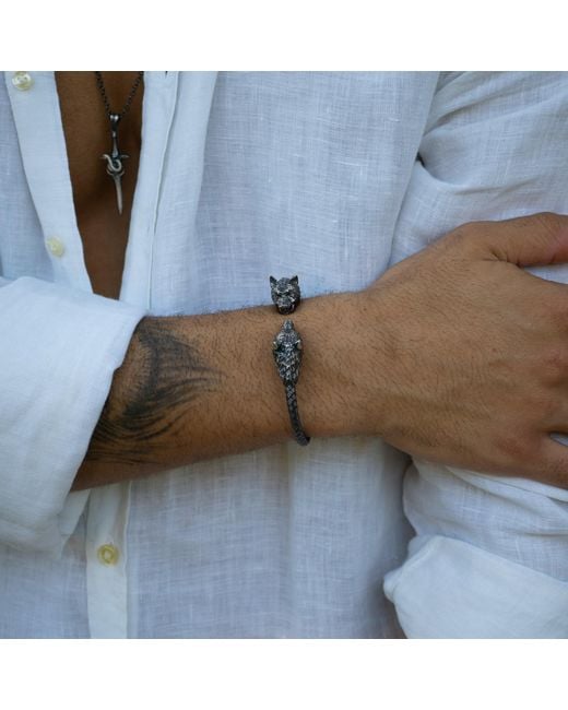 Ebru Jewelry Metallic Twin Wolf Sterling Bold Bracelet for men