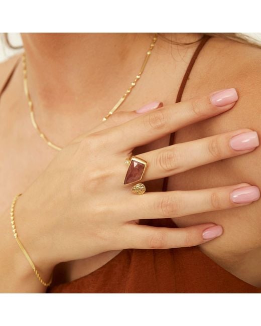 Spero London Metallic Natural Real Double Circle Turmaline Sterling Plated Ring