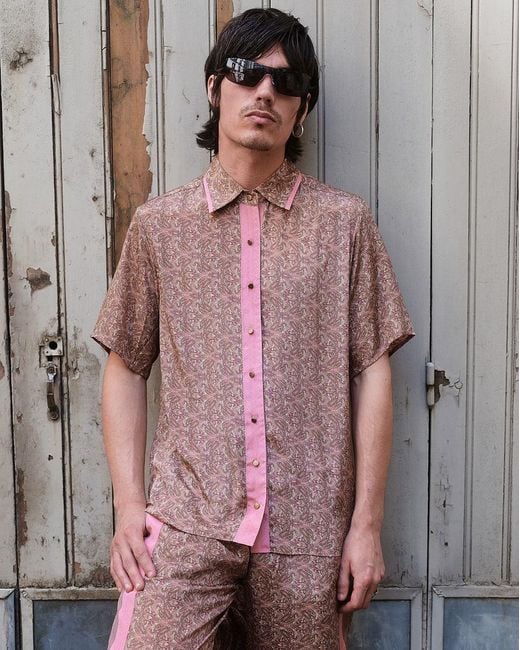 Monzlapur New York Pink Rose Paisley Motif Short Sleeve Shirt for men