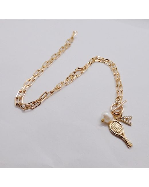 VALERIE CHIC Metallic Initial Letter Tennis Racket Pearl Ball Necklace 18K