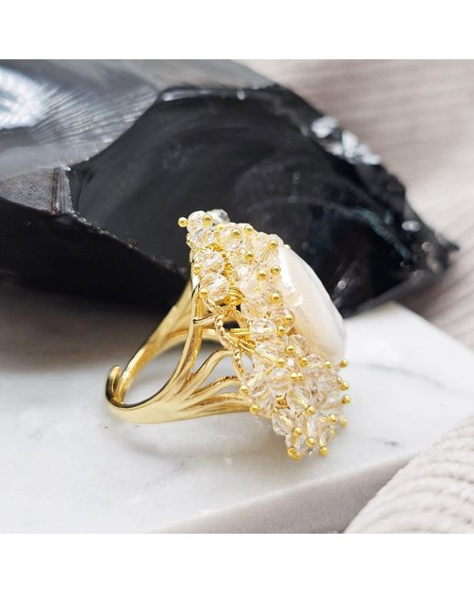 Farra Metallic Romantic Style Floral Freshwater Pearl With Crystal Cocktail Ring