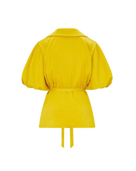 Femponiq Yellow Draped Puff Sleeve Satin Blouse
