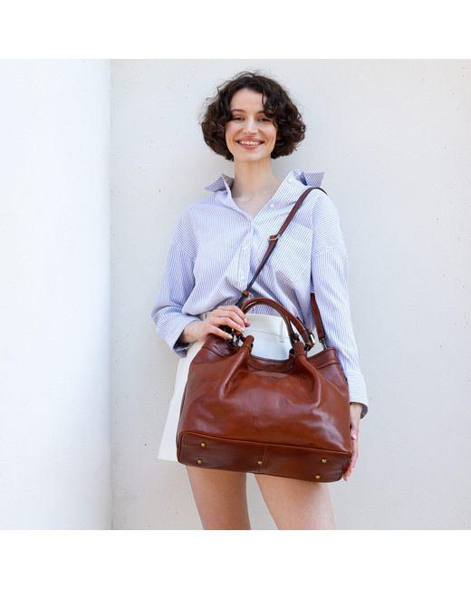 Time Resistance Brown Cognac Leather Tote Bag For
