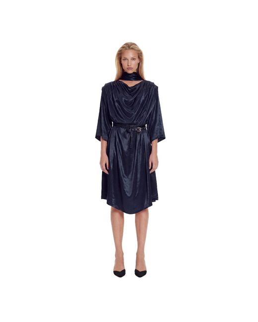 Monosuit Blue Sleeve High Neck Cut-Out Draped Belted Satin Loose Fit Casual Midi Dress Lullaby