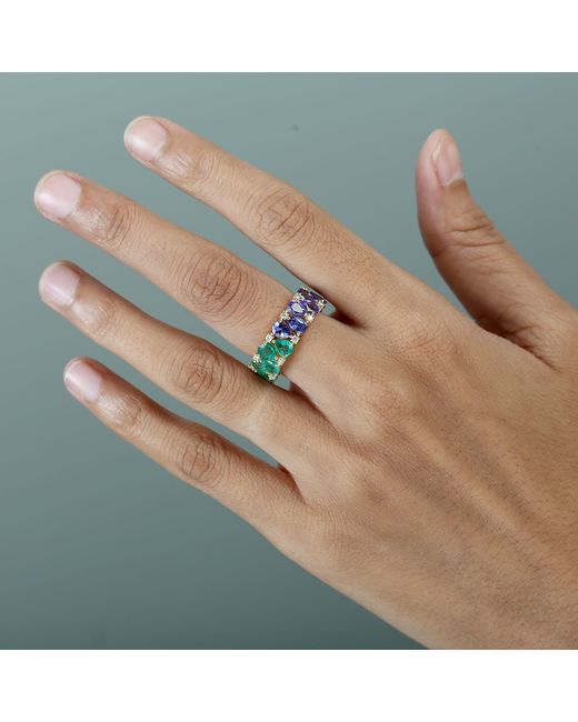 Artisan Multicolor Emerald And Sapphire Tanzanite Pear Eternity Ring With Diamond