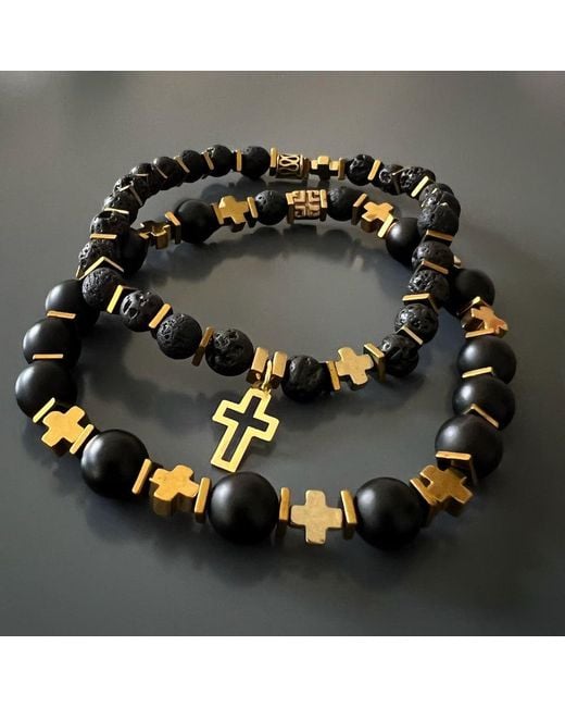 Ebru Jewelry Black Gold Cross Bracelet Set for men