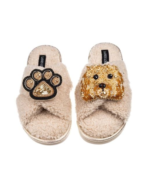 Laines London Metallic Neutrals Laines Neutral Boucle Slippers With Enki Doo The Cockapoo & Paw Brooches