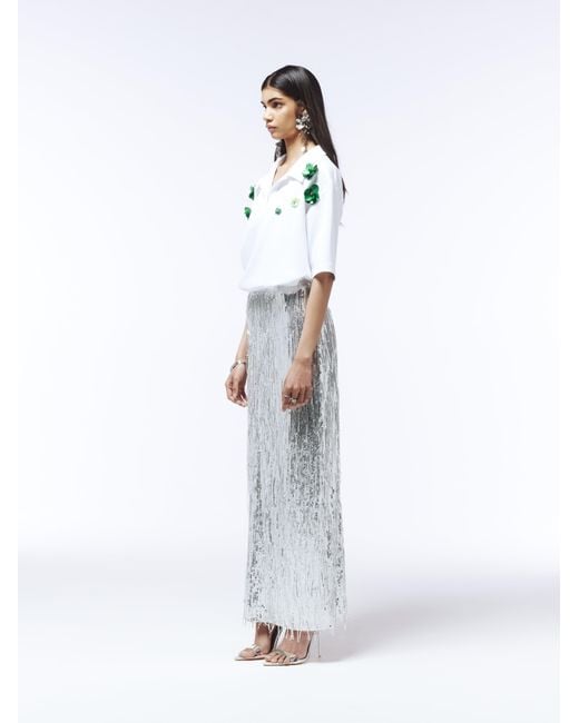Sour Figs Blue Floral Embellished Polo Shirt