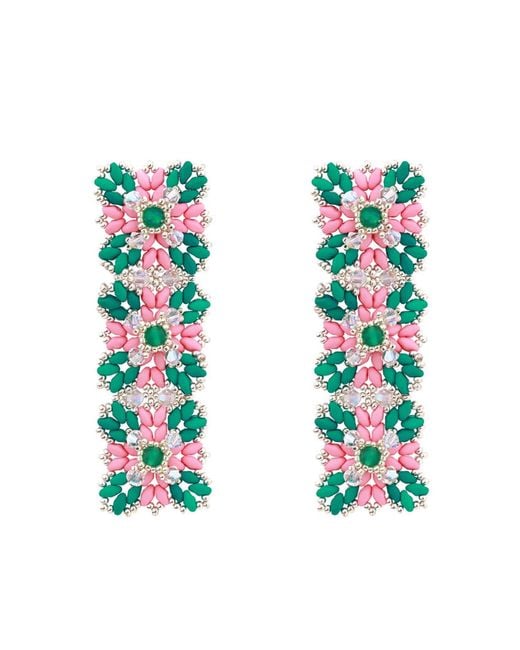 Oana Savu Green Glass Beads & Lace Design Long Elegant Earrings