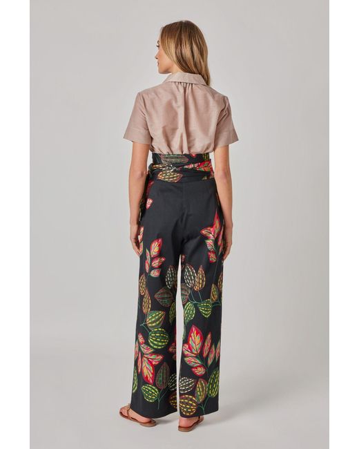 Marianna Déri Black Wide-Leg Trousers With Leaf Print And Tie Belt