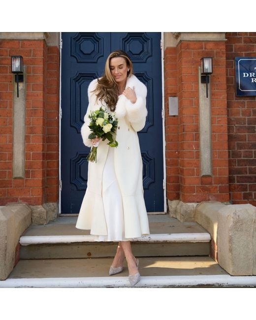 Hortons England White Westminster Cashmere Peplum Coat Faux Fur Ivory