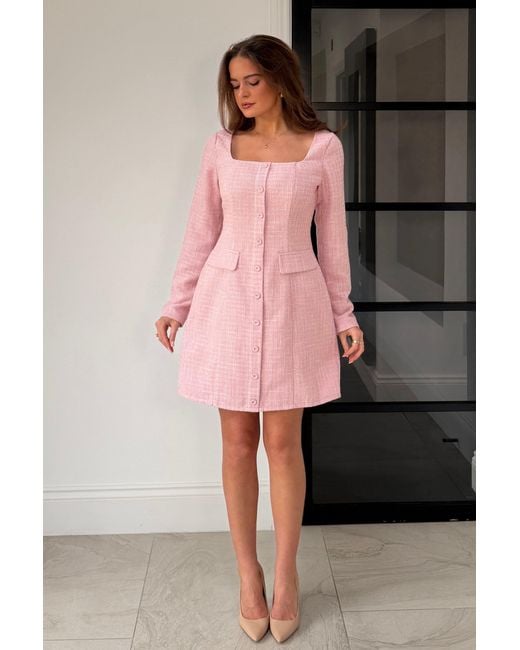 Girl In Mind Pink Flora Long Sleeve Tweed Mini Dress